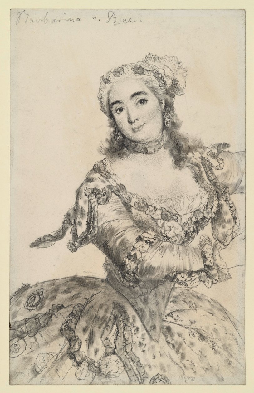 A dançarina Barbarina em movimento de dança. Retrato até aos joelhos de frente. Cópia de Pesne em Sanssouci. de Adolph Menzel
