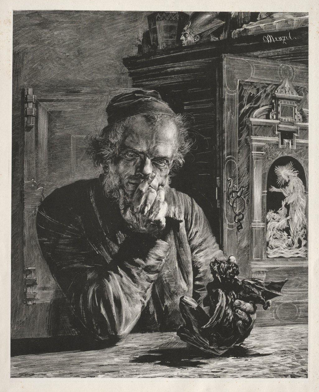 O Antiquário - Auto-Retrato, 1851. de Adolph Menzel