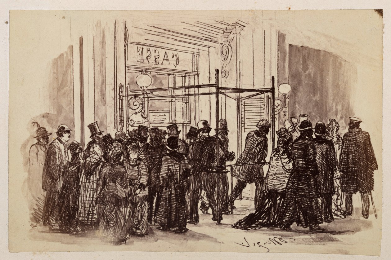 Bilheteira do teatro: os espectadores fazem fila pela direita até à bilheteira iluminada e seguem para a esquerda, para assistir à peça de Heinrich von Kleist «O Jarro Partido» de Adolph Menzel