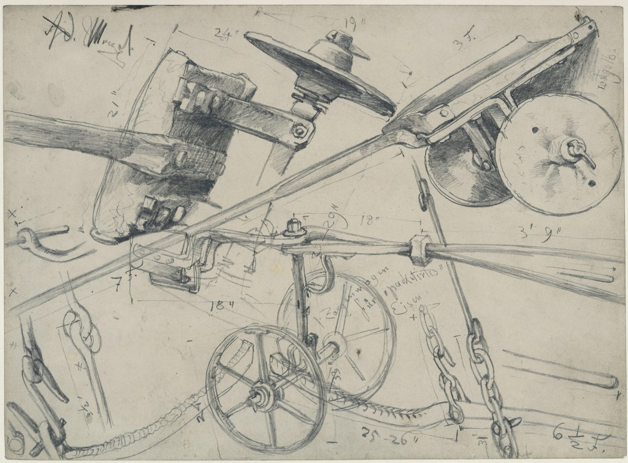 Carro de transporte com pormenores e medidas. Estudo para «A laminagem de ferro. Ciclopes modernos» de Adolph Menzel