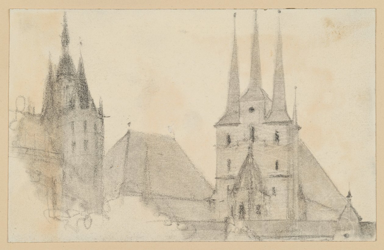 Torres e telhados da Catedral e da Igreja de São Severino, em Erfurt de Adolph Menzel