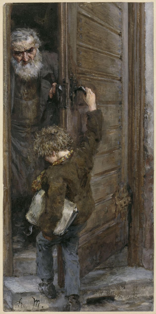 Pai e filho à porta. Do «Álbum das crianças» de Adolph Menzel