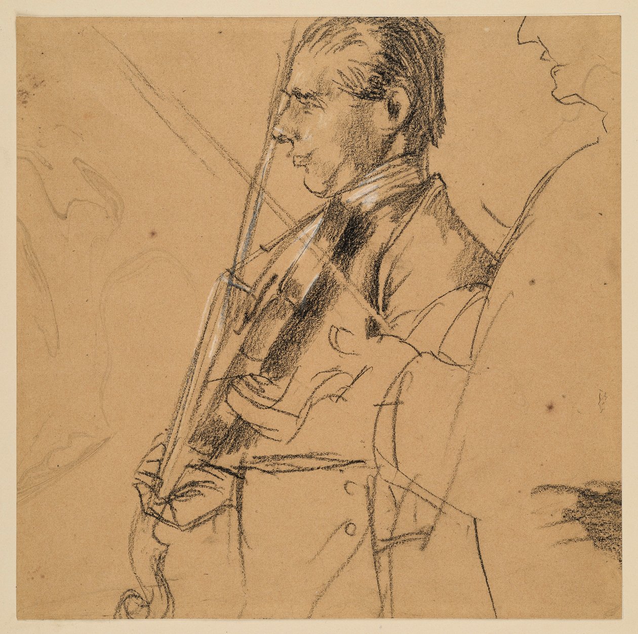 Violinista. Meia-figura. Perfil para a esquerda. Esboço do perfil à direita. Estudo preliminar para o quadro «Concerto de flauta de Frederico, o Grande, em Sanssouci» de Adolph Menzel