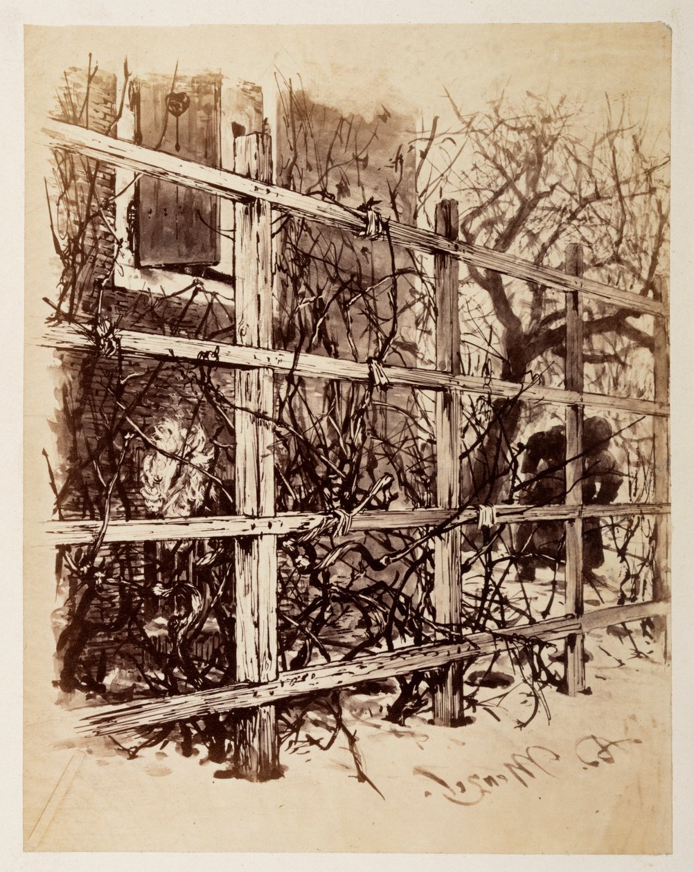 Em frente a uma casa, uma treliça onde está pendurada uma peruca, inspirada na obra de Heinrich von Kleist «O jarro partido» de Adolph Menzel