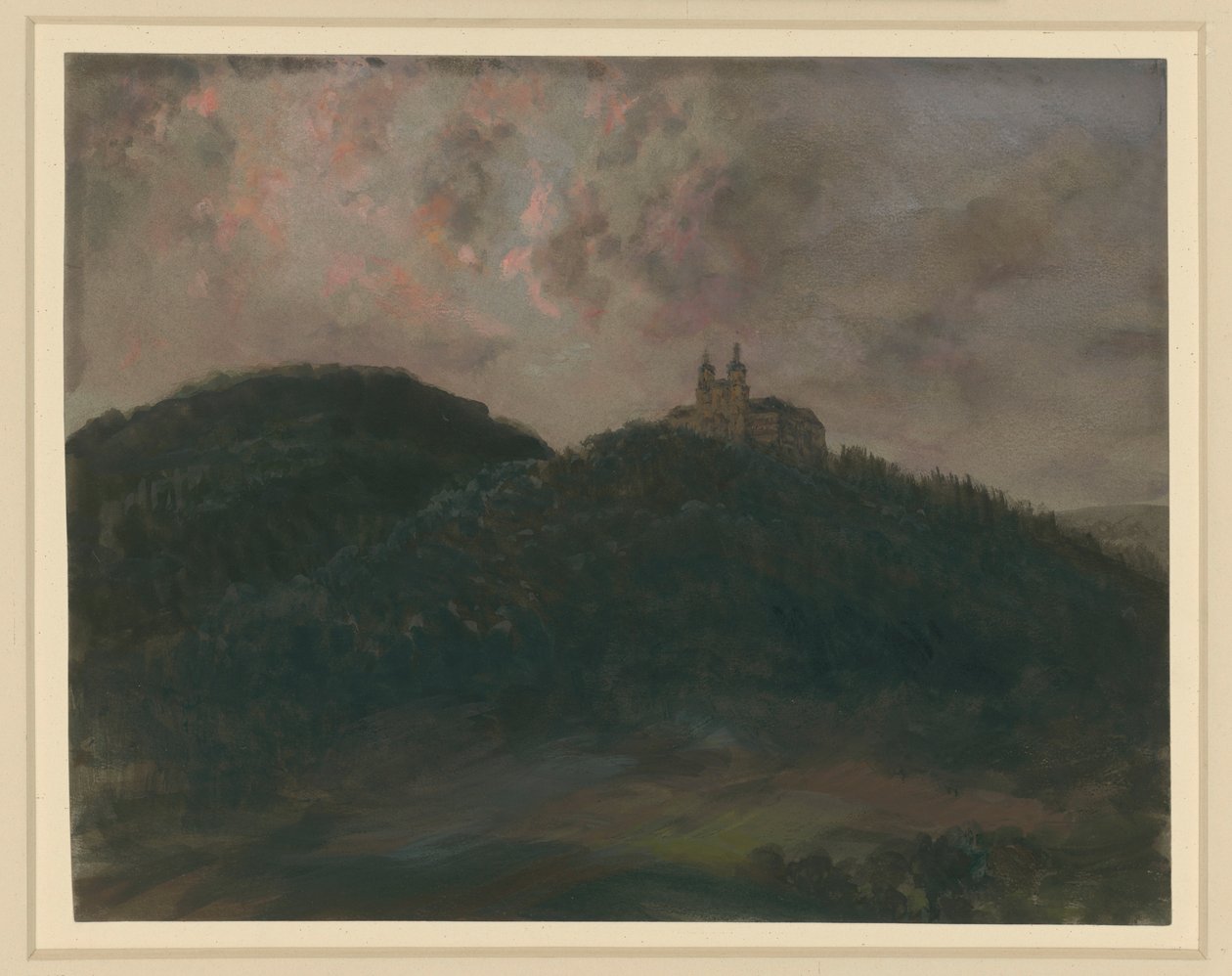 Paisagem montanhosa e arborizada com o mosteiro de Banz, perto de Lichtenfels, na Baviera, no alto da colina de Adolph Menzel
