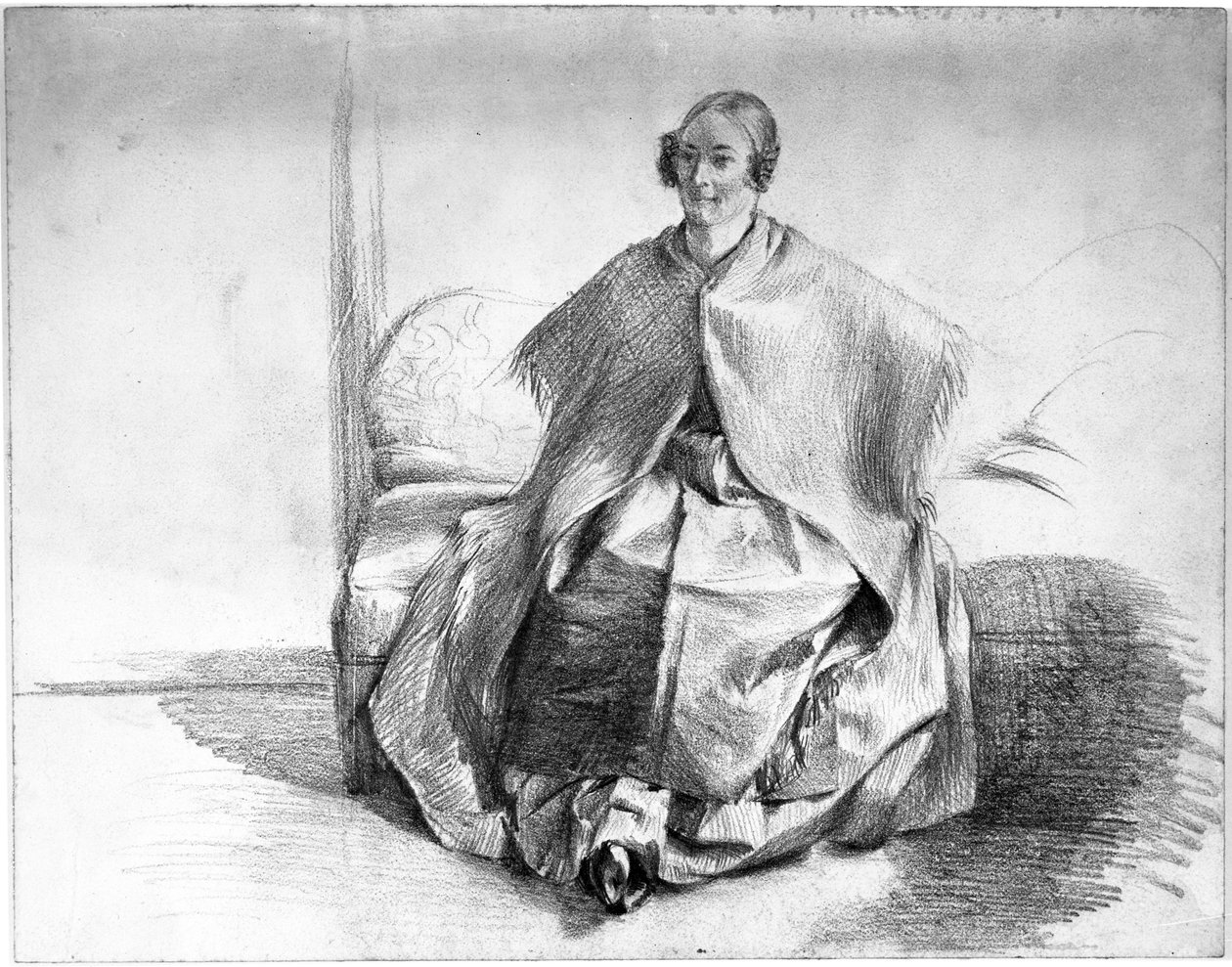 Figura feminina fantasiada com um lenço enrolado, sentada num sofá de Adolph Menzel