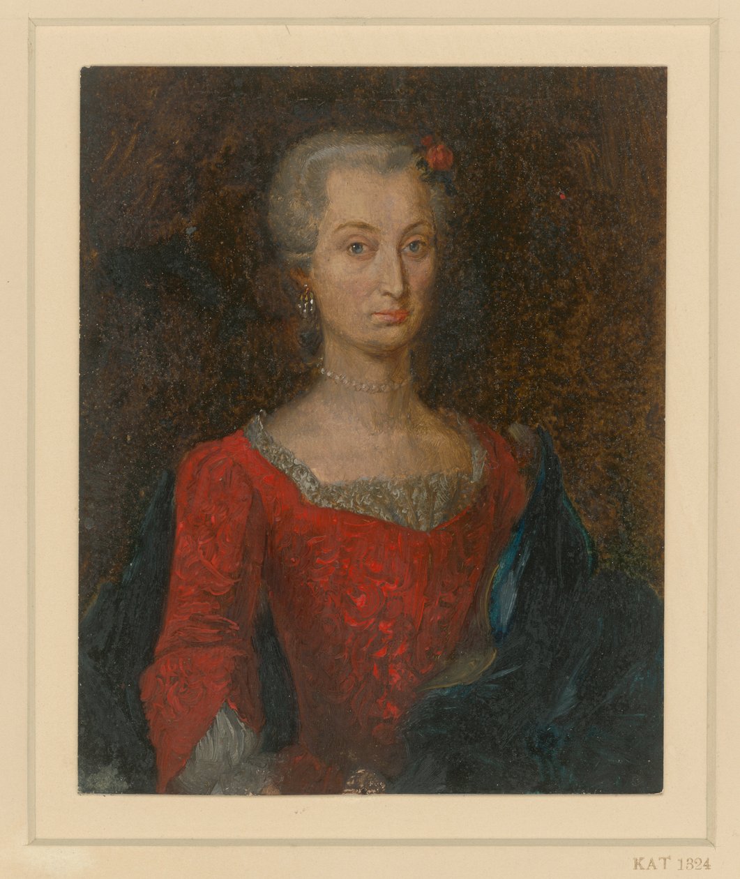 Retrato de um peito feminino com um vestido vermelho e uma capa azul de Adolph Menzel