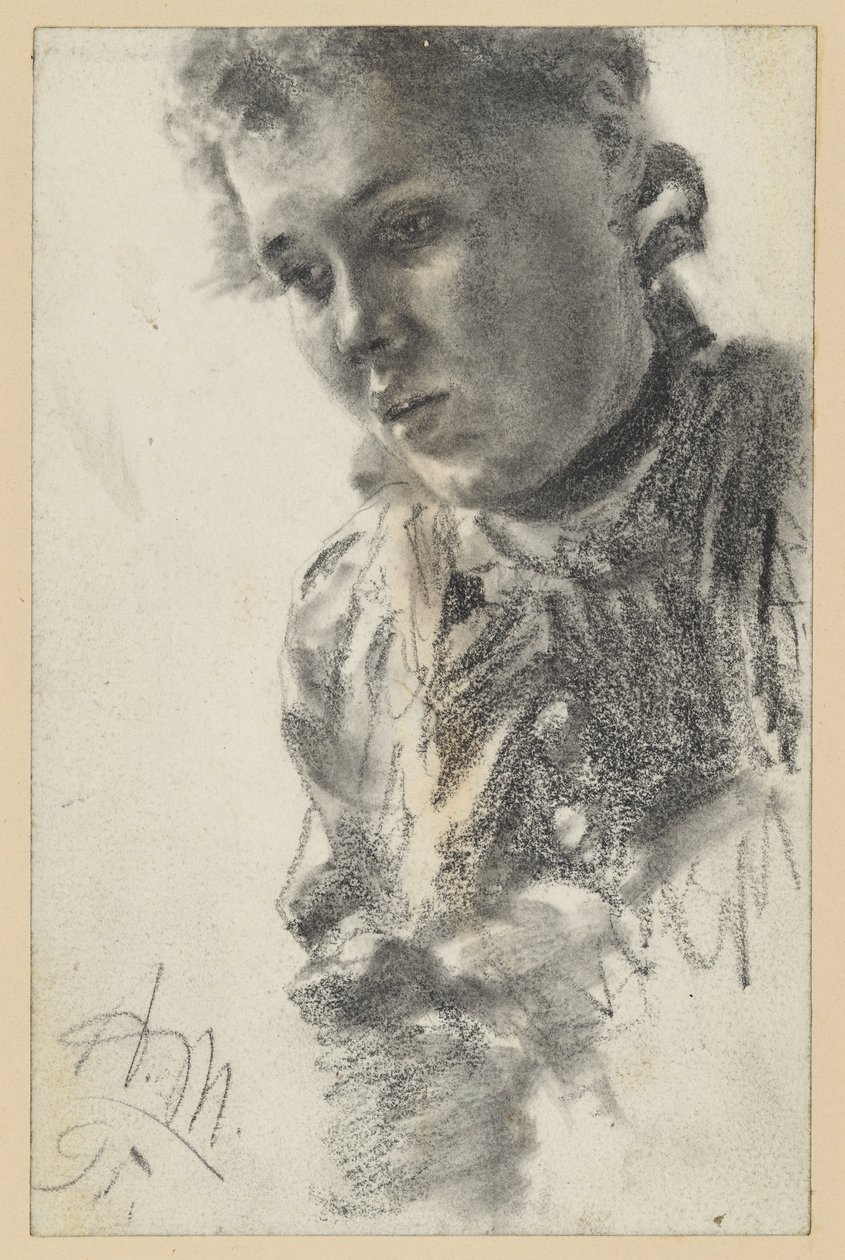 Retrato de um peito feminino virado para a esquerda, com a cabeça inclinada para a frente de Adolph Menzel