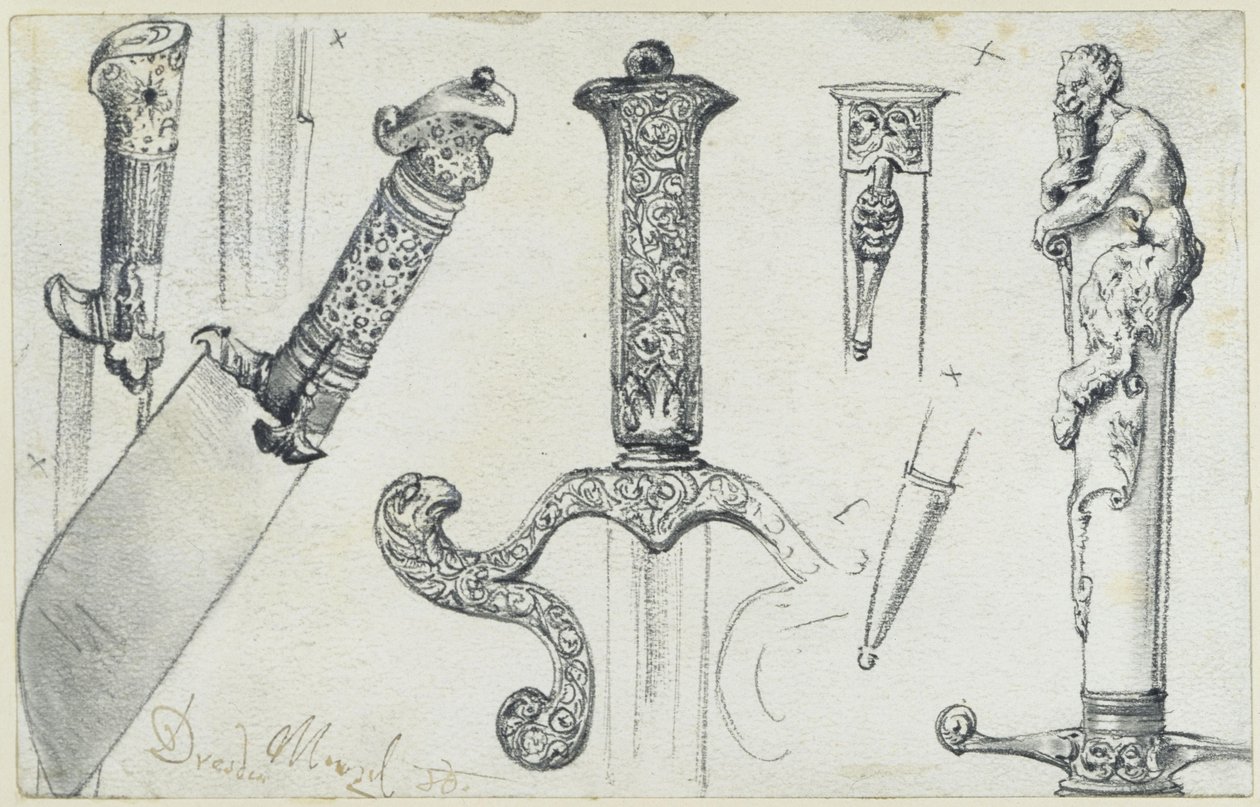 Faca de pastoreio do final do século XVI, espada de caça da primeira metade do século XVII e a faca de caça «Permoser» do início do século XVIII, Museu Histórico, Dresden de Adolph Menzel