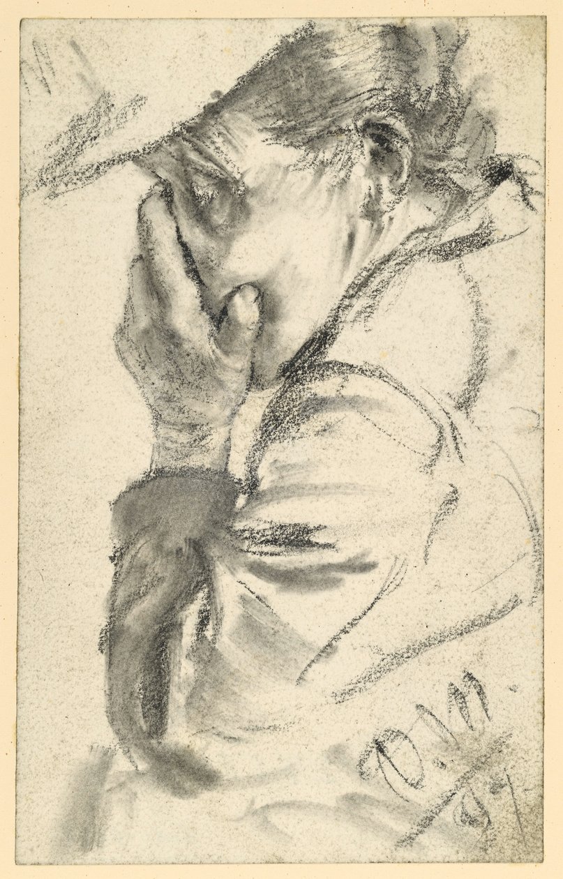 Anciã a chorar, com o rosto encostado à mão, retrato até ao peito, virada para a esquerda de Adolph Menzel