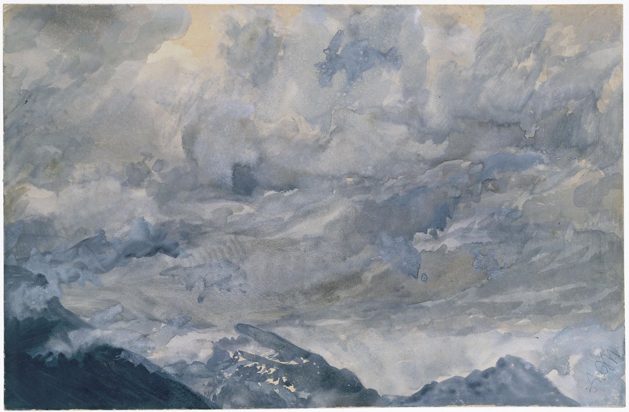 Céu nublado sobre os cumes das montanhas de Adolph Menzel