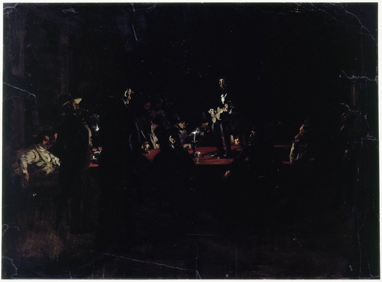 Convidados à volta de uma grande mesa e um cantor de Adolph Menzel