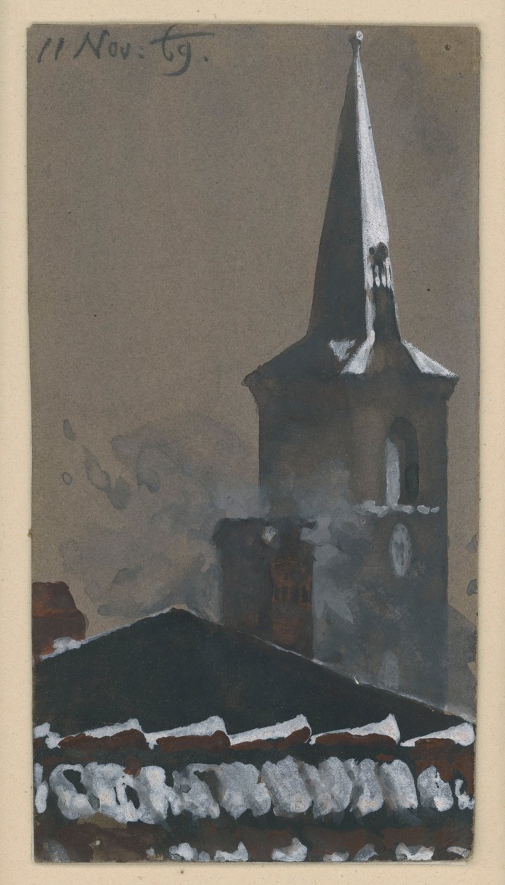 Telhado de telhas e torre de igreja, cobertos de neve de Adolph Menzel