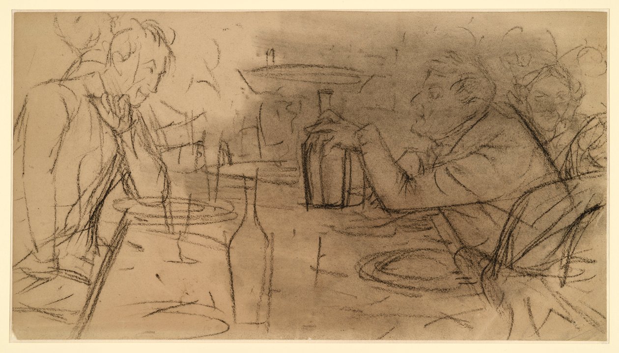 Dois senhores sentados frente a frente à mesa de uma taberna, a conversar de Adolph Menzel