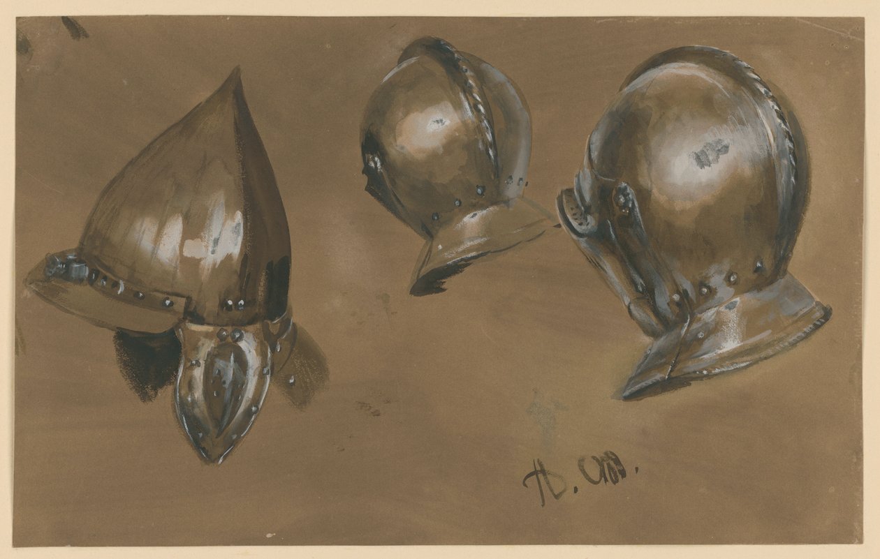 Duas armaduras de cabeça e um elmo de Adolph Menzel