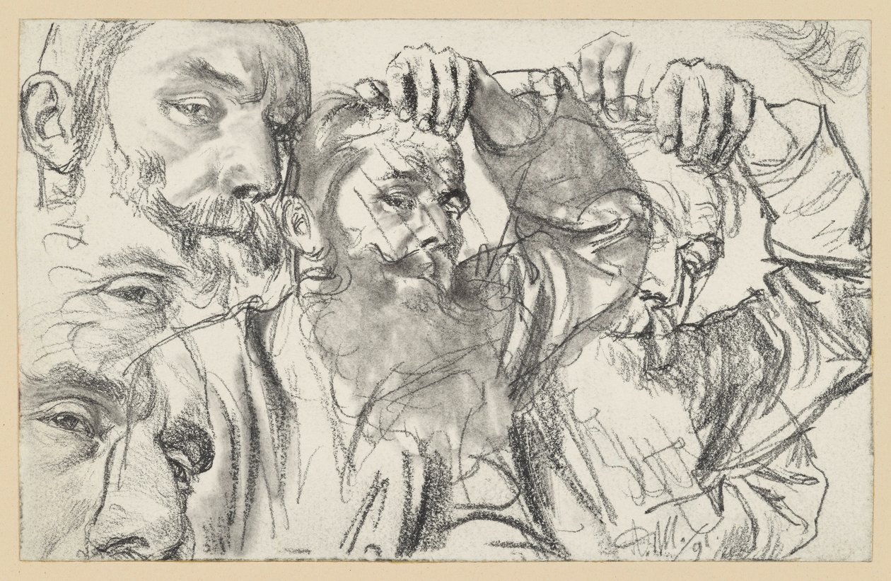 Dois esboços de um homem barbudo que toca na testa com a mão esquerda; o rosto é repetido duas vezes de Adolph Menzel
