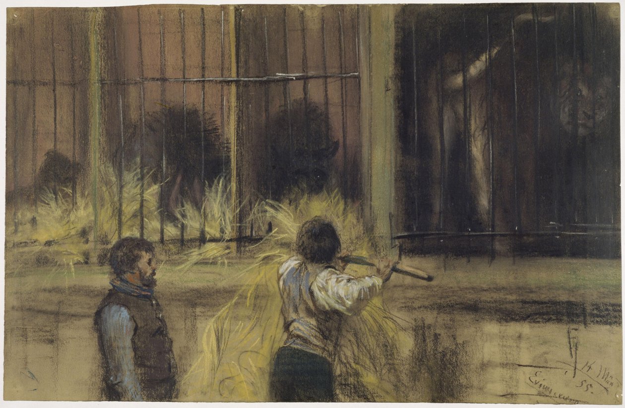 Dois tratadores em frente ao recinto dos predadores de Adolph Menzel