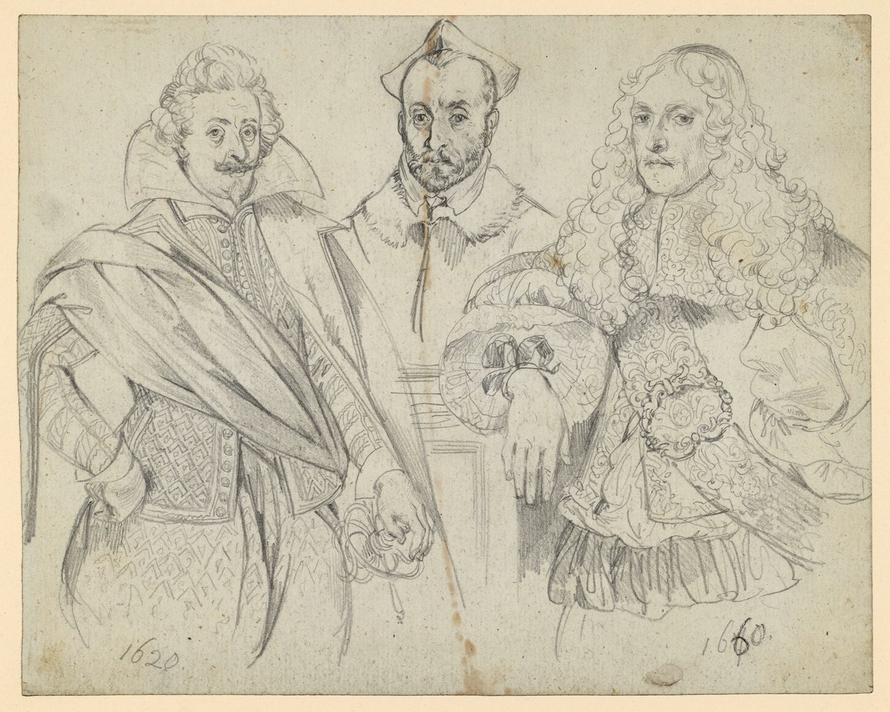 Dois dignitários de 1620 e 1660, com um cardeal no centro. Reproduções de representações históricas de Adolph Menzel