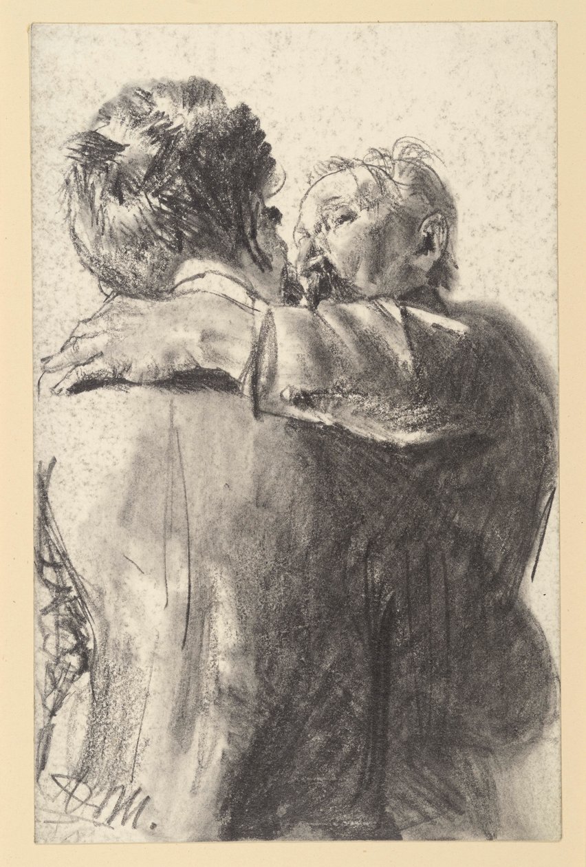 Dois homens abraçados, vistos de costas e de lado de Adolph Menzel