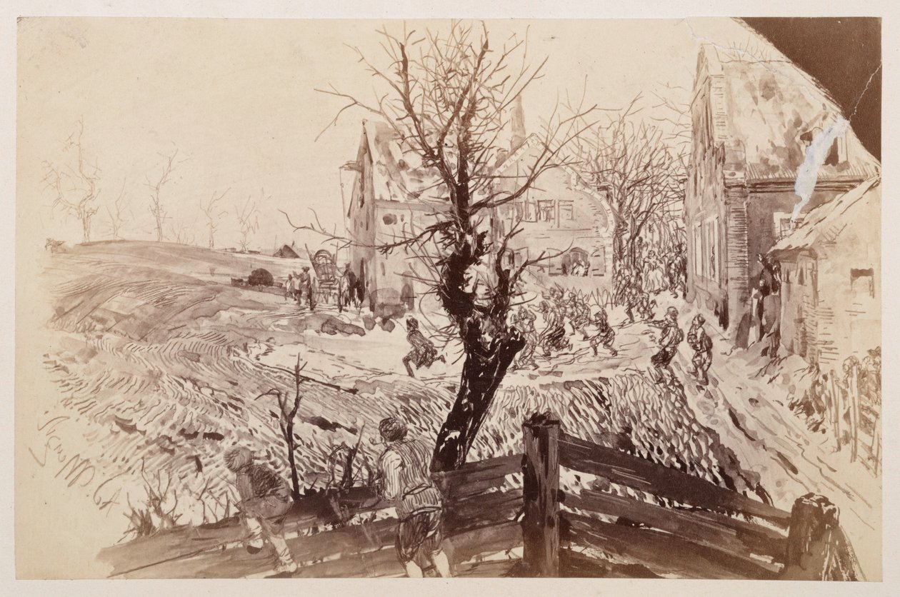 Entre as últimas casas da aldeia, a multidão irrompe para perseguir o fugitivo Adão, que se vê afastar apressadamente com o seu bastão, para «O cântaro quebrado» de Heinrich von Kleist de Adolph Menzel