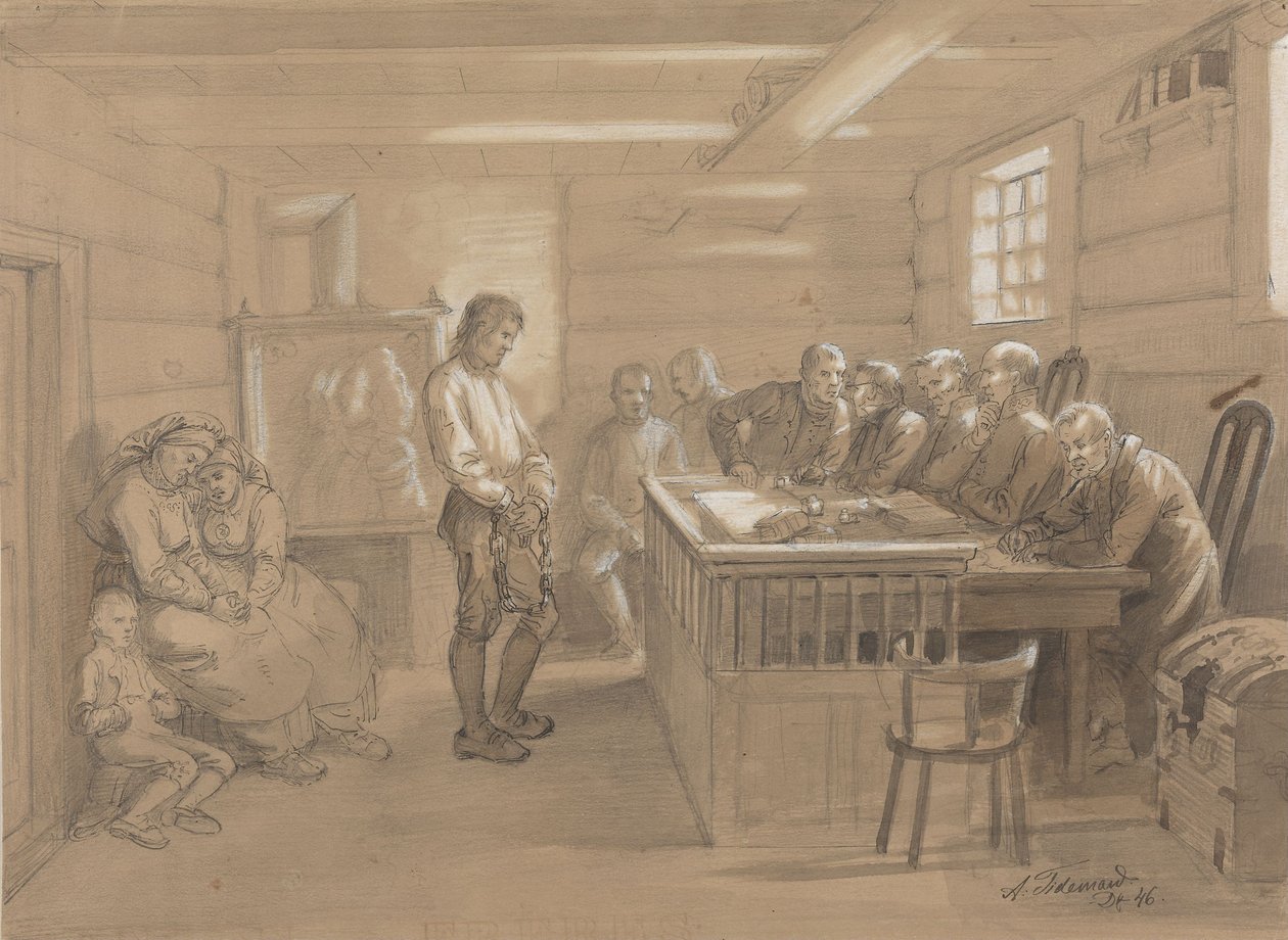 Uma cena de tribunal no campo de Adolph Tidemand