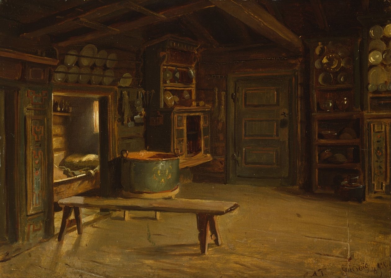 Interior de uma quinta em Gulsvik, em Hallingdal de Adolph Tidemand