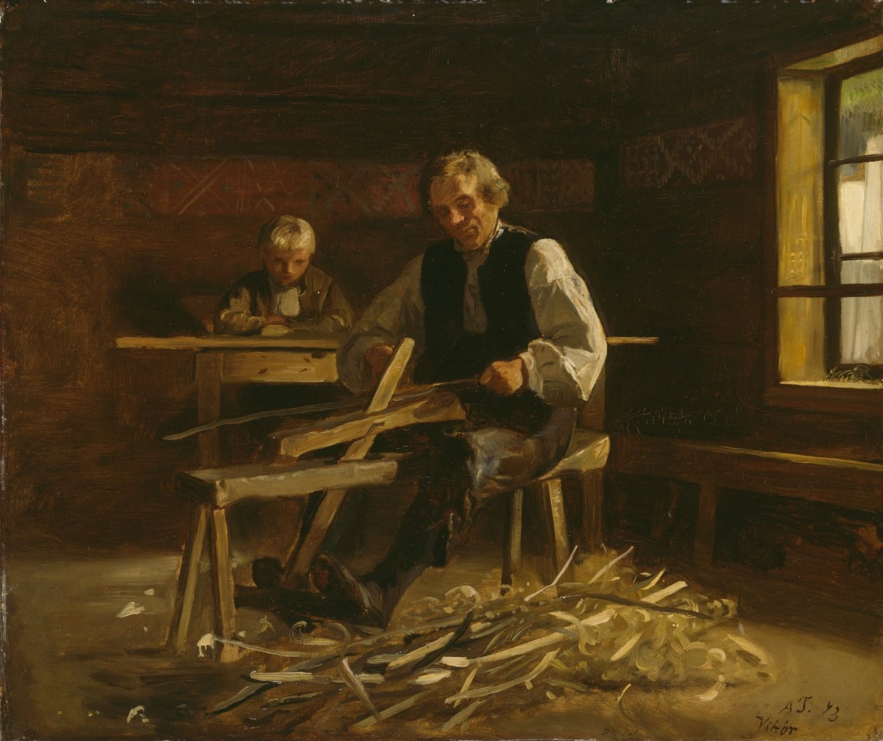 Interior de Vikøy com agricultor a fazer aros para barris de Adolph Tidemand