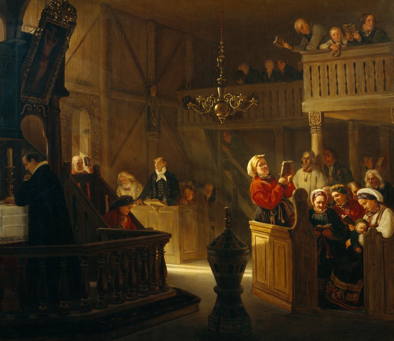 Serviço religioso numa igreja do país norueguês de Adolph Tidemand