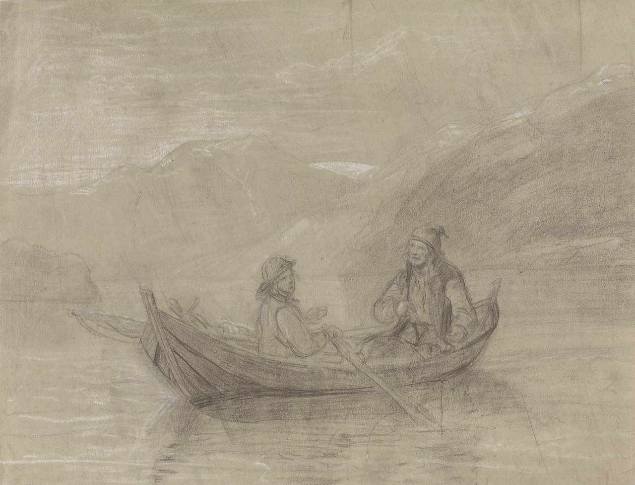 Dois pescadores num barco de Adolph Tidemand