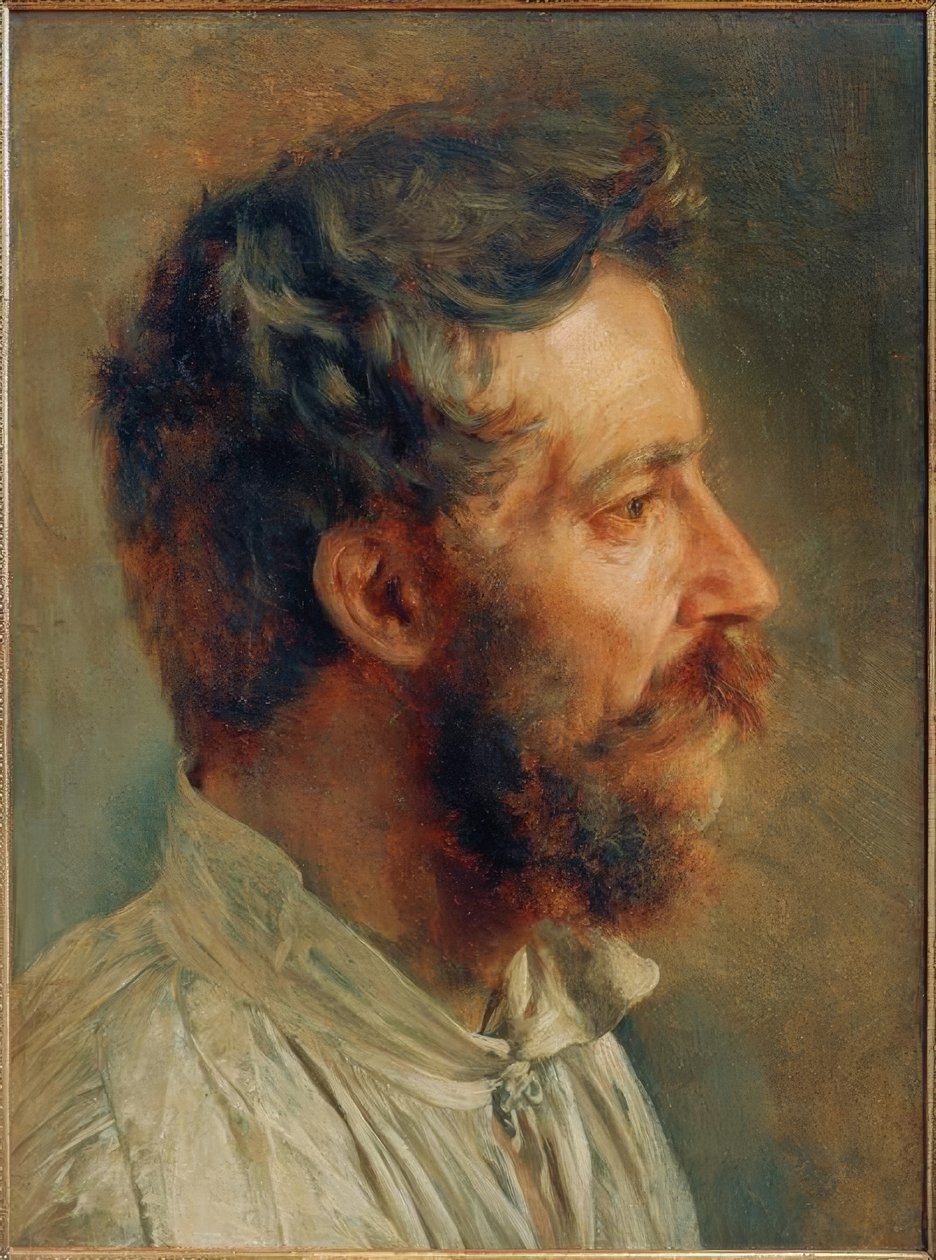 Cabeça de trabalhador barbudo no perfil de Adolph Menzel