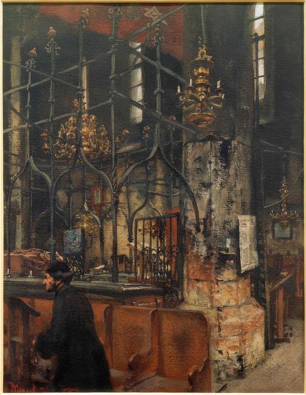 O interior da Velha Nova Sinagoga em Praga de Adolph Menzel