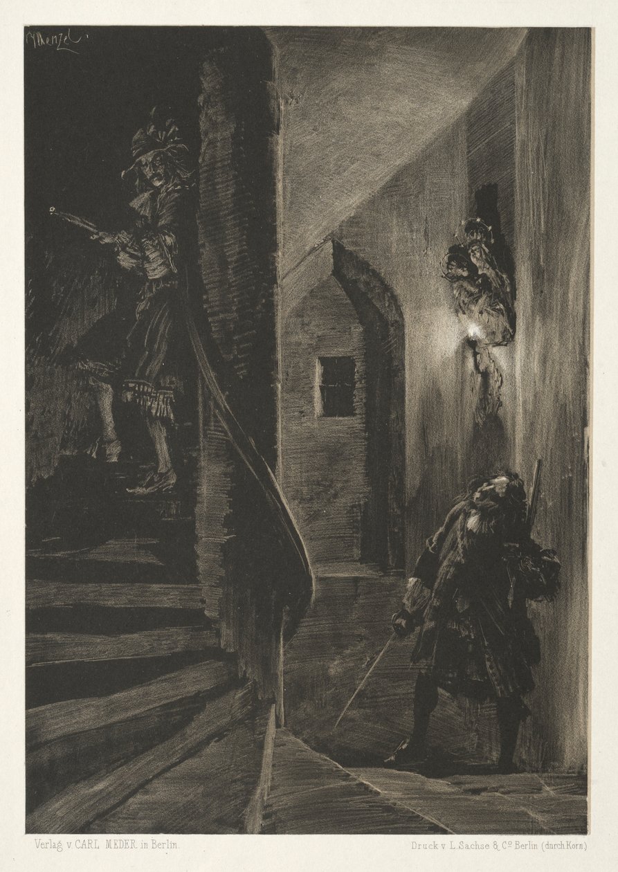 Ensaio sobre pedra com pincel e raspador: Perseguição na escada em caracol de Adolph Menzel