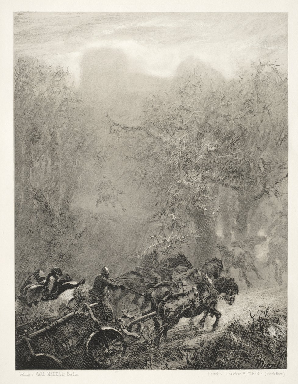 Ensaio sobre pedra com pincel e raspador: o comboio de prisioneiros através de uma floresta de Adolph Menzel