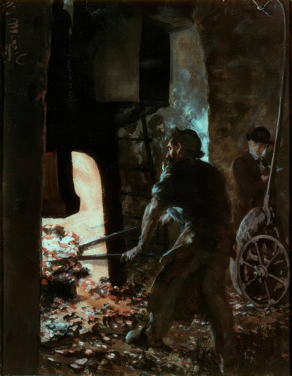 Auto-retrato com trabalhador no martelo a vapor de Adolph Menzel