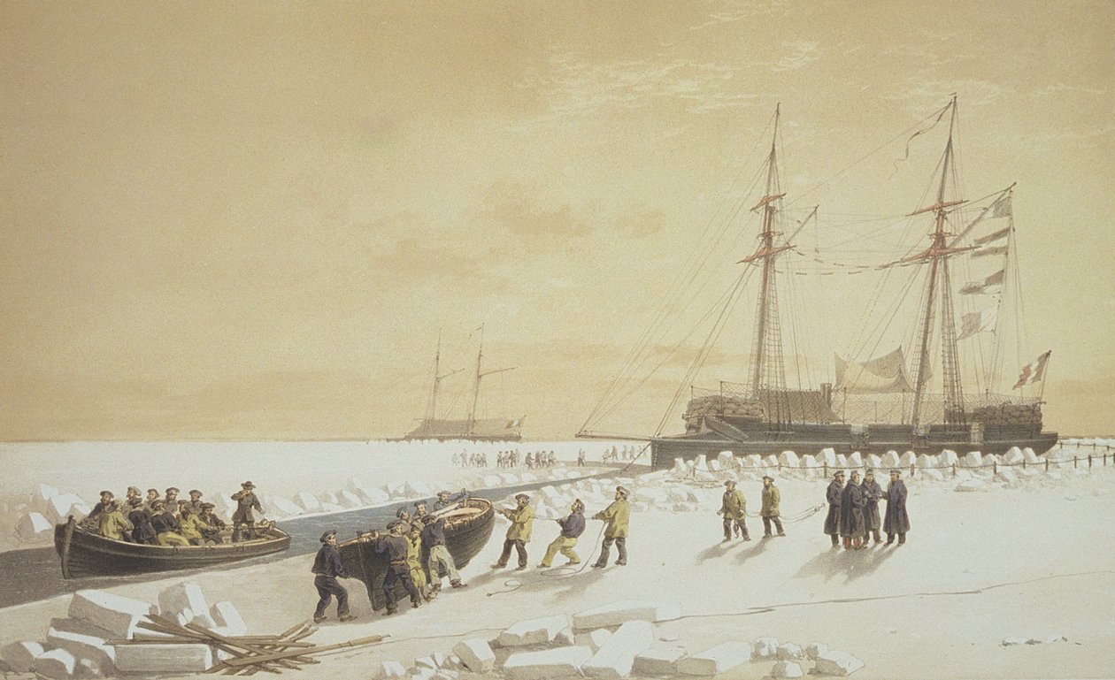 A âncora de pesagem Cannonnier, de &39;Our Souvenirs of Kil-Bouroun durante o Inverno, passa no Liman de Dnieper, 1855-56&39;, gravada por Eugene Ciceri (1813-90), publicada em 1860 (ver também 1932). de Adolphe Jean Baptiste Bayot and Antoine Leon Morel Fatio