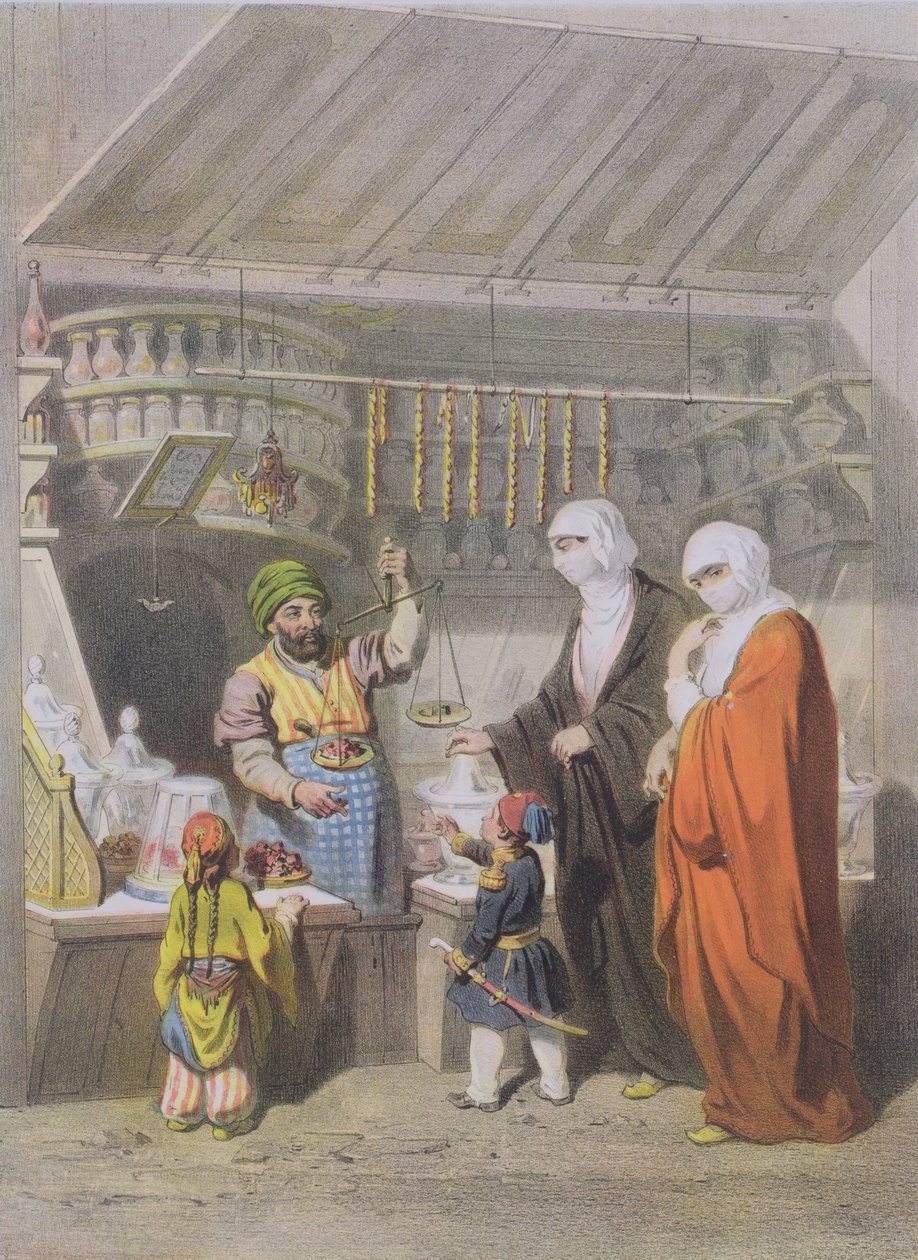 Stallholder vendendo iguarias temperadas no bazar de Adolphe Jean Baptiste Bayot
