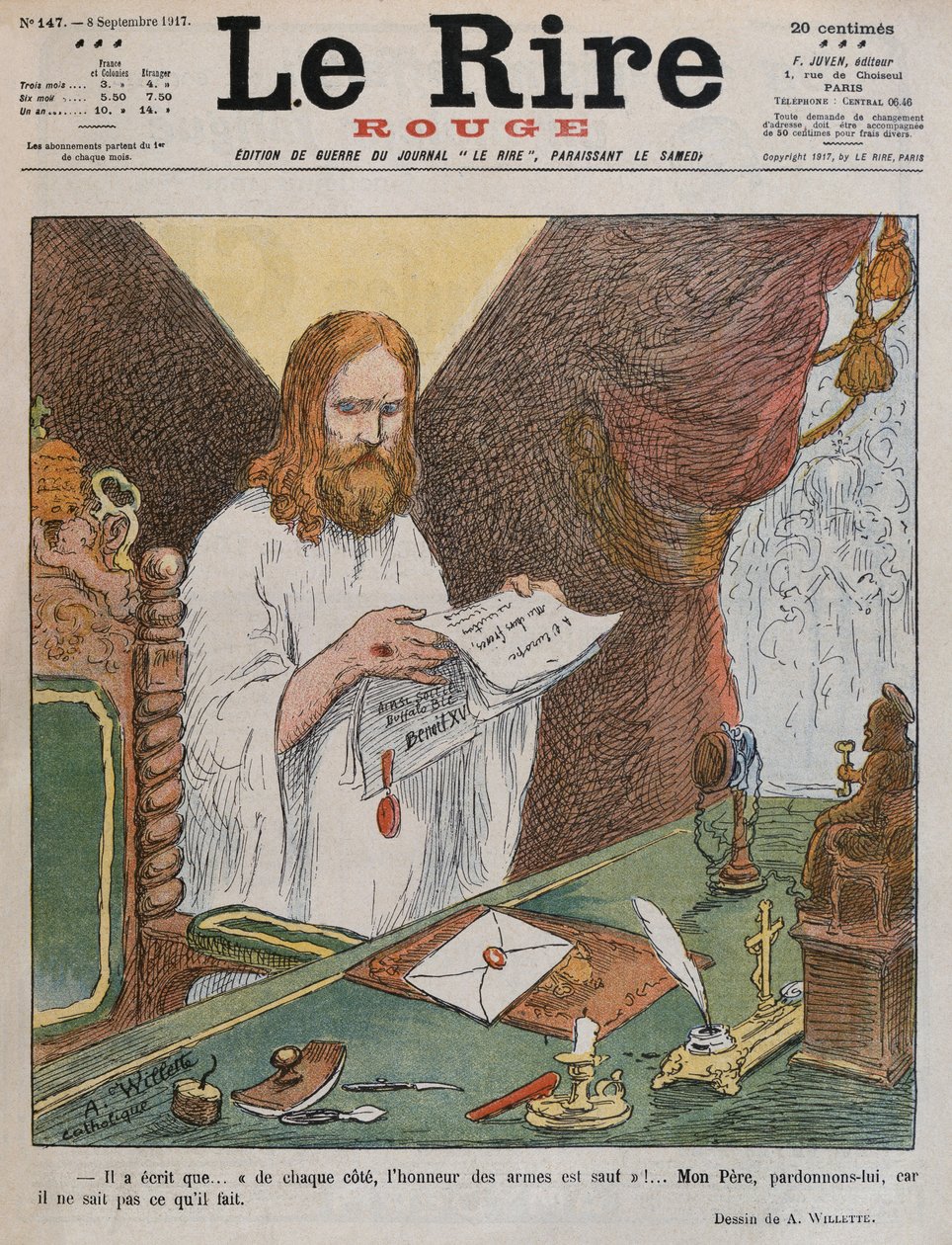 Jesus Cristo, lendo o plano de paz emitido pelo Papa Bento XV, ilustração da capa da &39;Le Rire Rouge&39;, 8 de setembro de 1917 de Adolphe Leon Willette