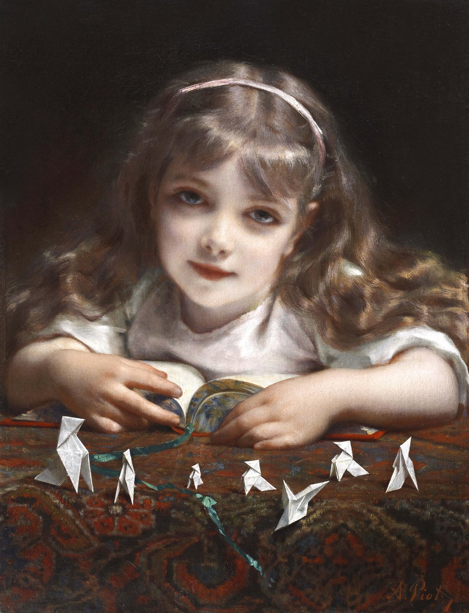 Menina, com, origami, pássaros de Etienne Adolphe Piot