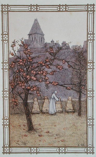 Apicultora que verifica as suas colmeias, ilustração de "La Vie des Abeilles", publicada em Paris de Adolphe (after) Giraldon