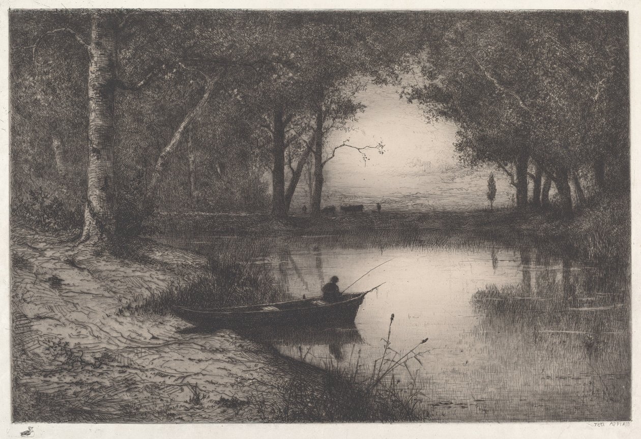 Um pescador em uma lagoa arborizada à noite de Adolphe Appian