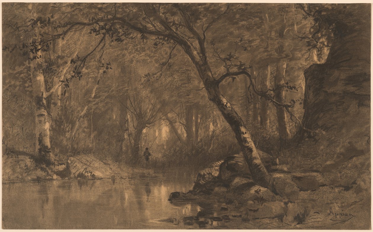 Um rio da floresta com um pescador de Adolphe Appian