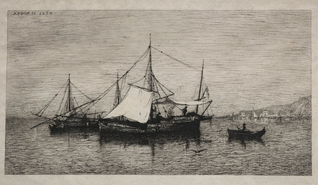 Barcos nas costas da cabotagem da Itália, 1874. de Adolphe Appian