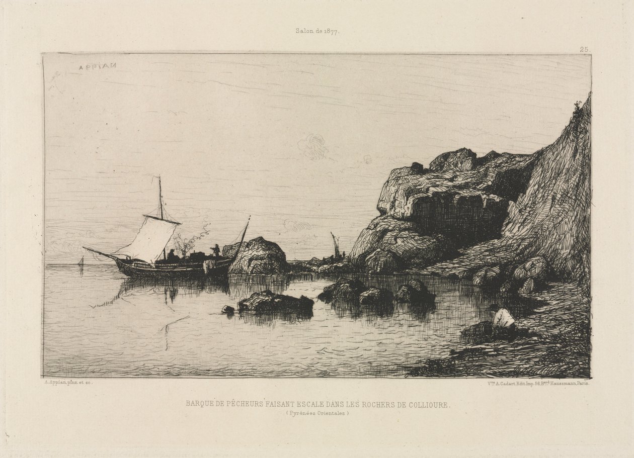 Barco de pesca que faz um porto de escala nas rochas de Collioure, 1878. de Adolphe Appian