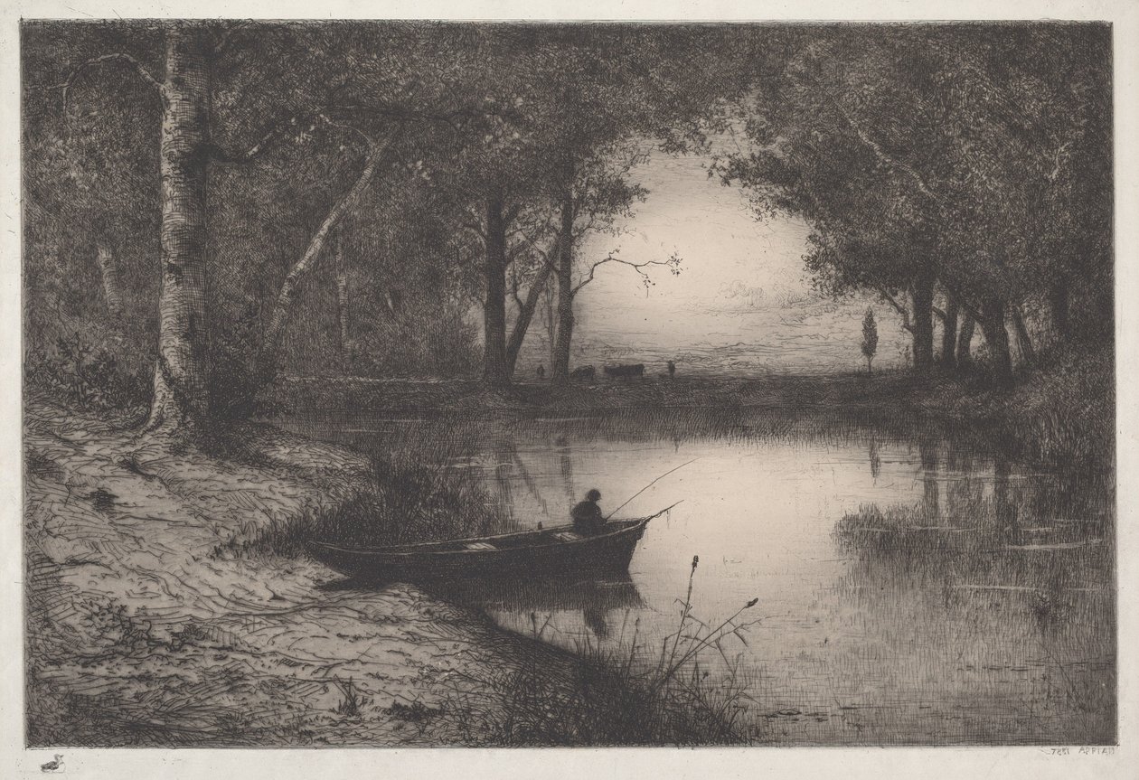 Pescador numa canoa, à beira de um rio de Adolphe Appian