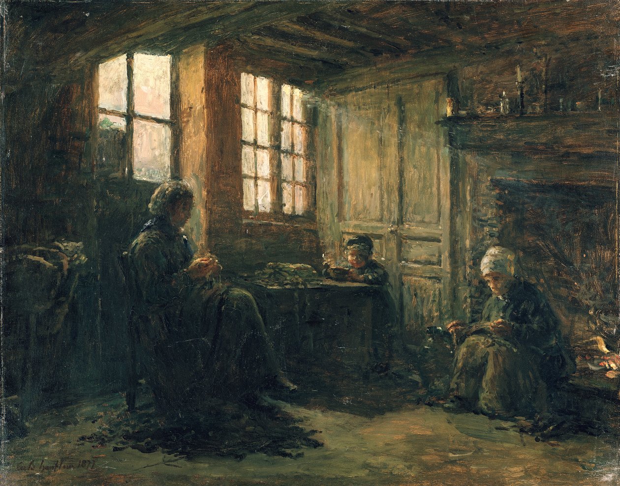 Mulheres Fraindo Linho, Honfleur, 1877 de Adolphe Felix Cals