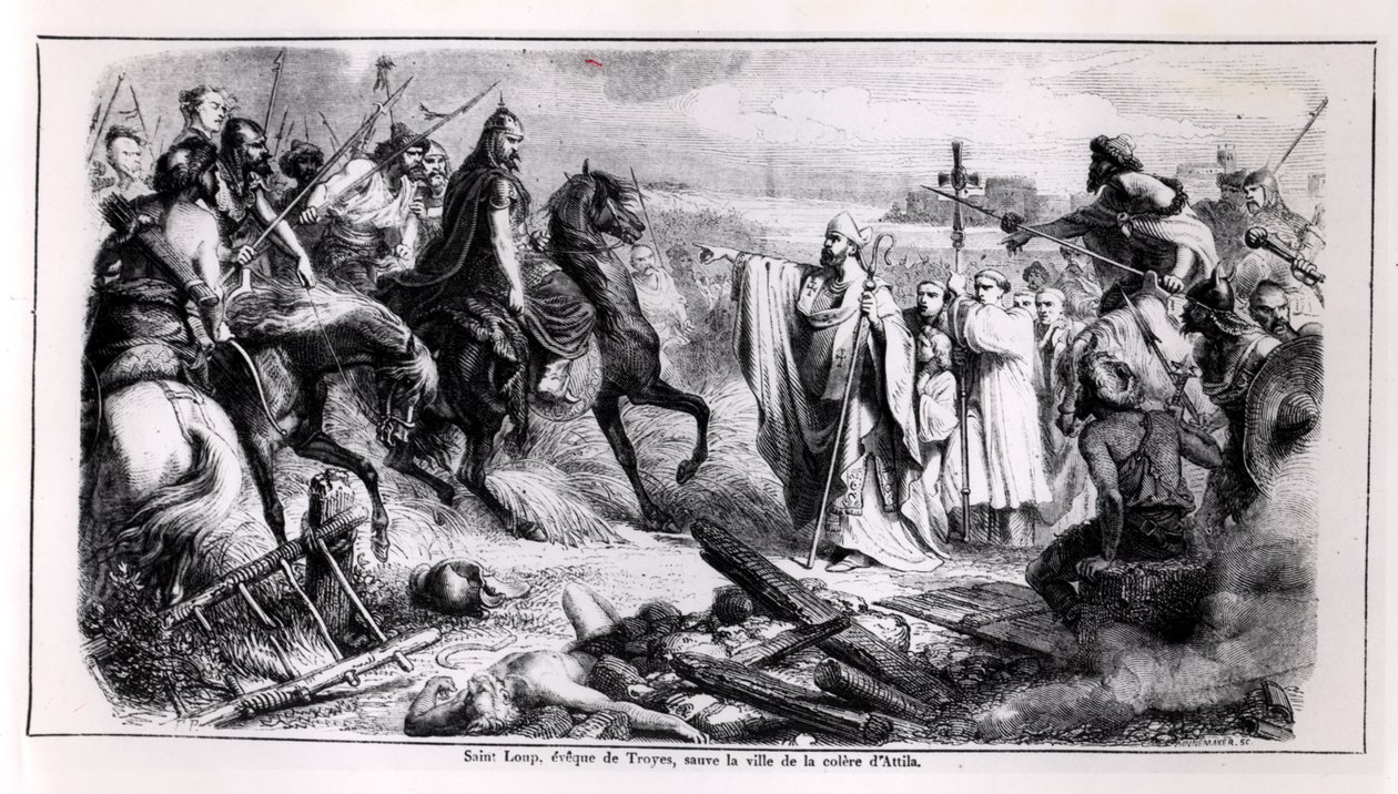 St. Loup defendendo a cidade de Troyes contra Átila, o Huno (c.406-453) em seu cavalo, ilustração de uma história da França, 2ª metade do século XIX (foto bw) de Adolphe Francois Pannemaker