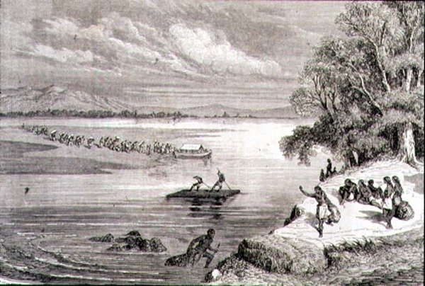 Atravessando o Rio Colorado na década de 1860 (gravura) de Adolphe Gusman
