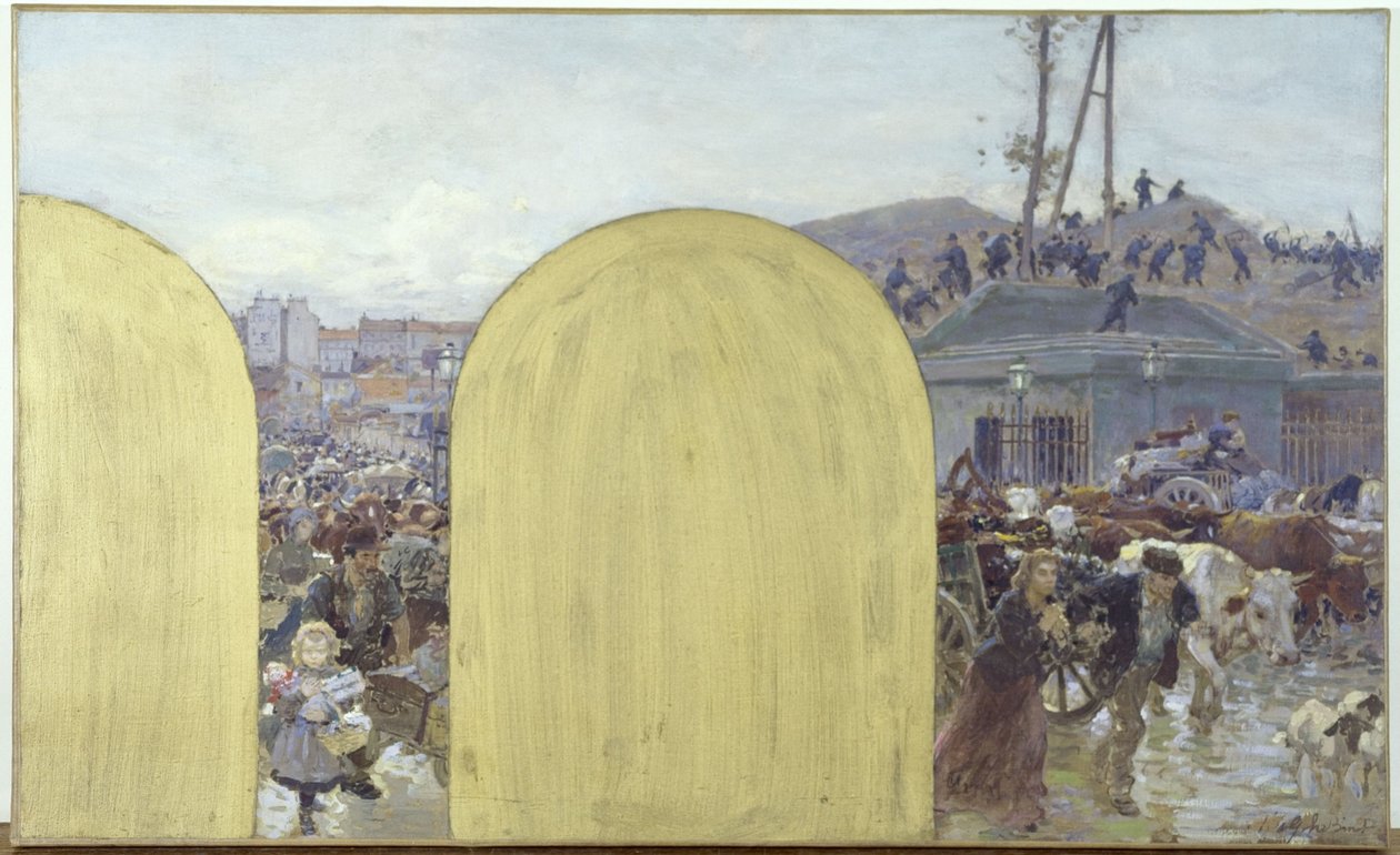 Esboço para o gabinete do prefeito do Hôtel de Ville de Paris: O regresso a Paris dos habitantes dos subúrbios: O cerco de Paris em 1870, em 1895 (óleo sobre tela) de Adolphe Gustave Binet