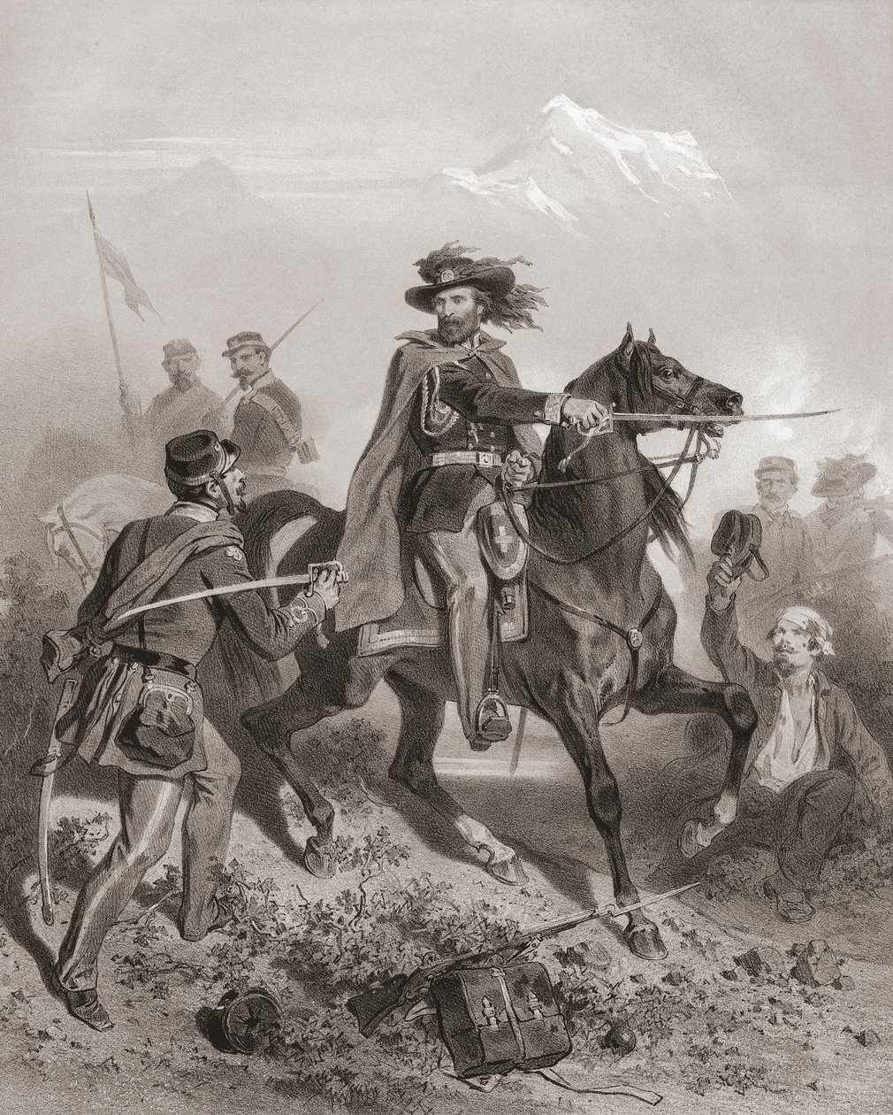 Giuseppe Garibaldi na Batalha de Varese. (imprimir) de Adolphe Jean Baptiste (after) Bayot