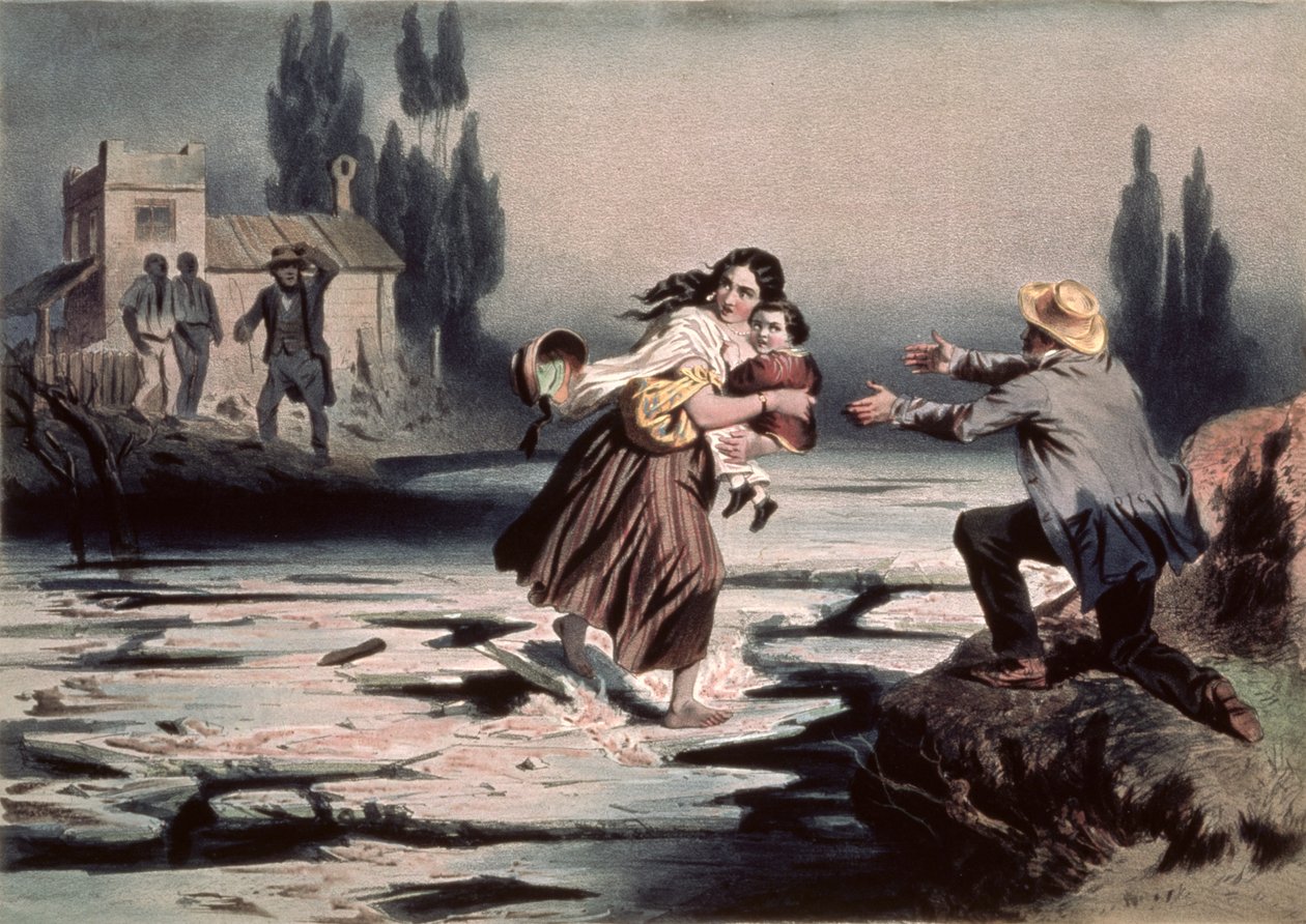 Eliza cruzando os blocos de gelo do rio Ohio para a liberdade, ilustração de &39;Uncle Tom&39;s Cabin&39; por Harriet Beecher Stowe, gravada por Charles Bour (1814-81) (litho) (ver também 90903) de Adolphe Jean Baptiste (after) Bayot